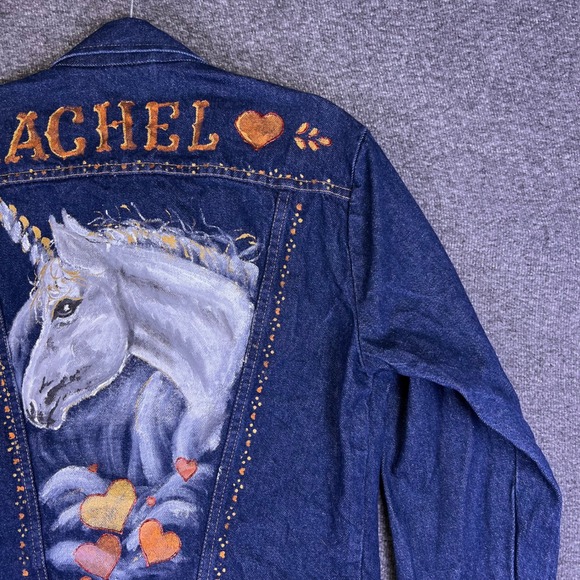 VTG Rustler Denim Jacket Mens Med Womens Custom Rachel Hand Painted Unicorn READ - Picture 7 of 16
